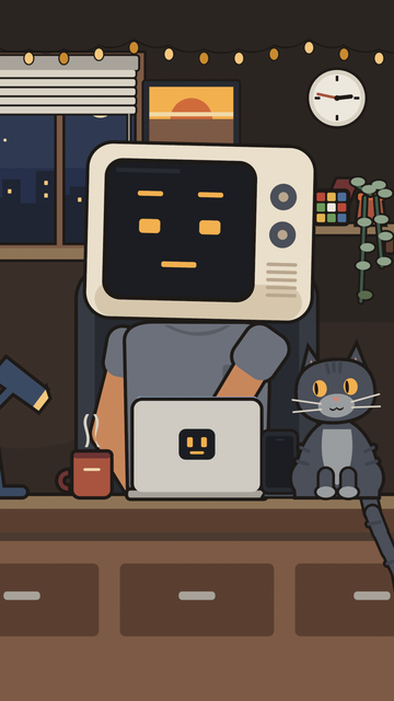 The 2D cutout version at the desk: his arms run into the laptop lid with no hands showing.