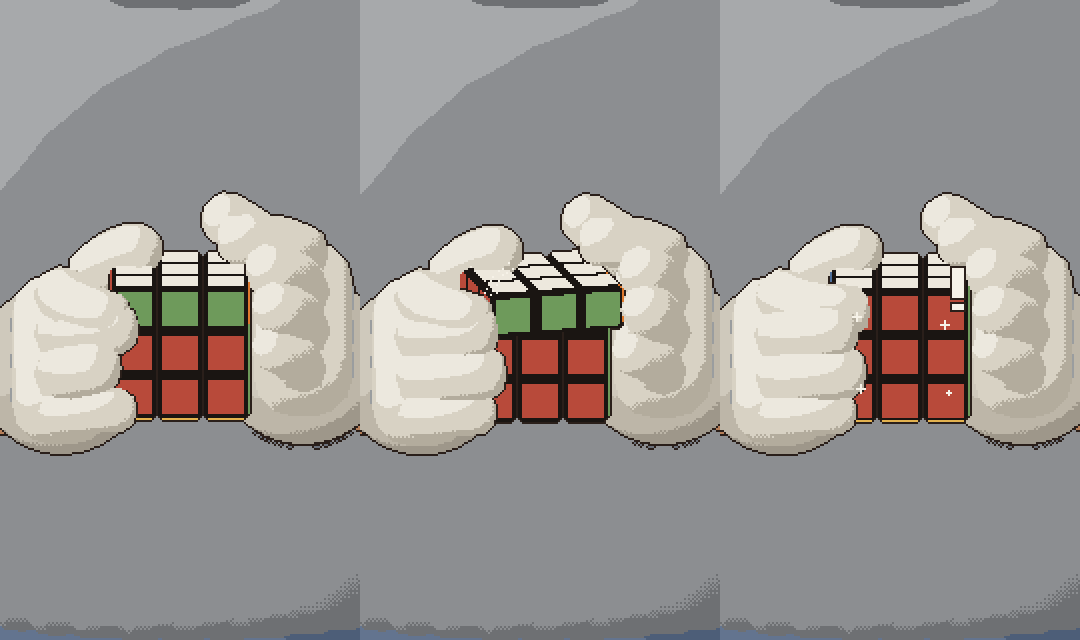 Three frames of the gloves holding the cube on its sides while the top layer turns.