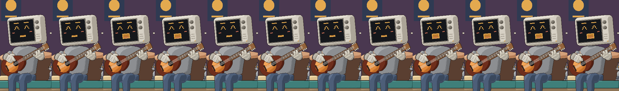 Twelve frames of octyn holding the guitar, each drawing held for two frames