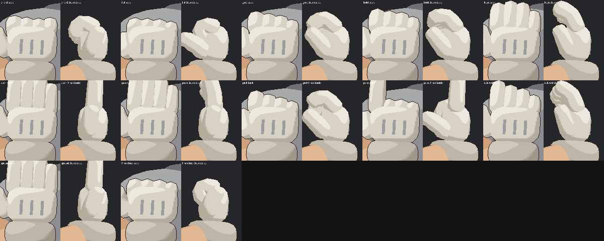 Every grip on his right hand, from the back of the hand and from the thumb side: chord, fist, grip, hold, keys, open, palm, pick, point, relaxed, spread, thumbs up.