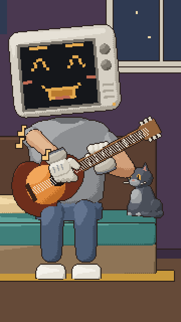 octyn on the bed with the guitar and the cat