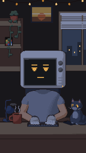 The Blender rebuild at the same desk, drawn as pixel art: both gloves on the keyboard.