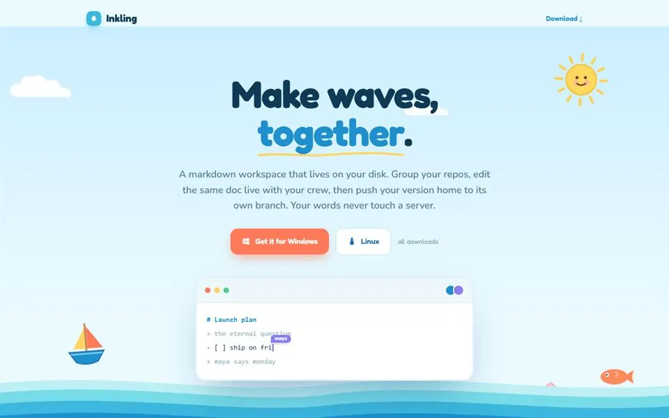 Inkling's site: the headline, the download buttons for Windows and Linux, and the editor with two cursors in one document.