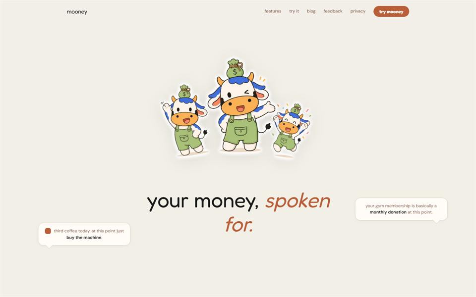 usemooney.app, the product site with the self-editing blog.